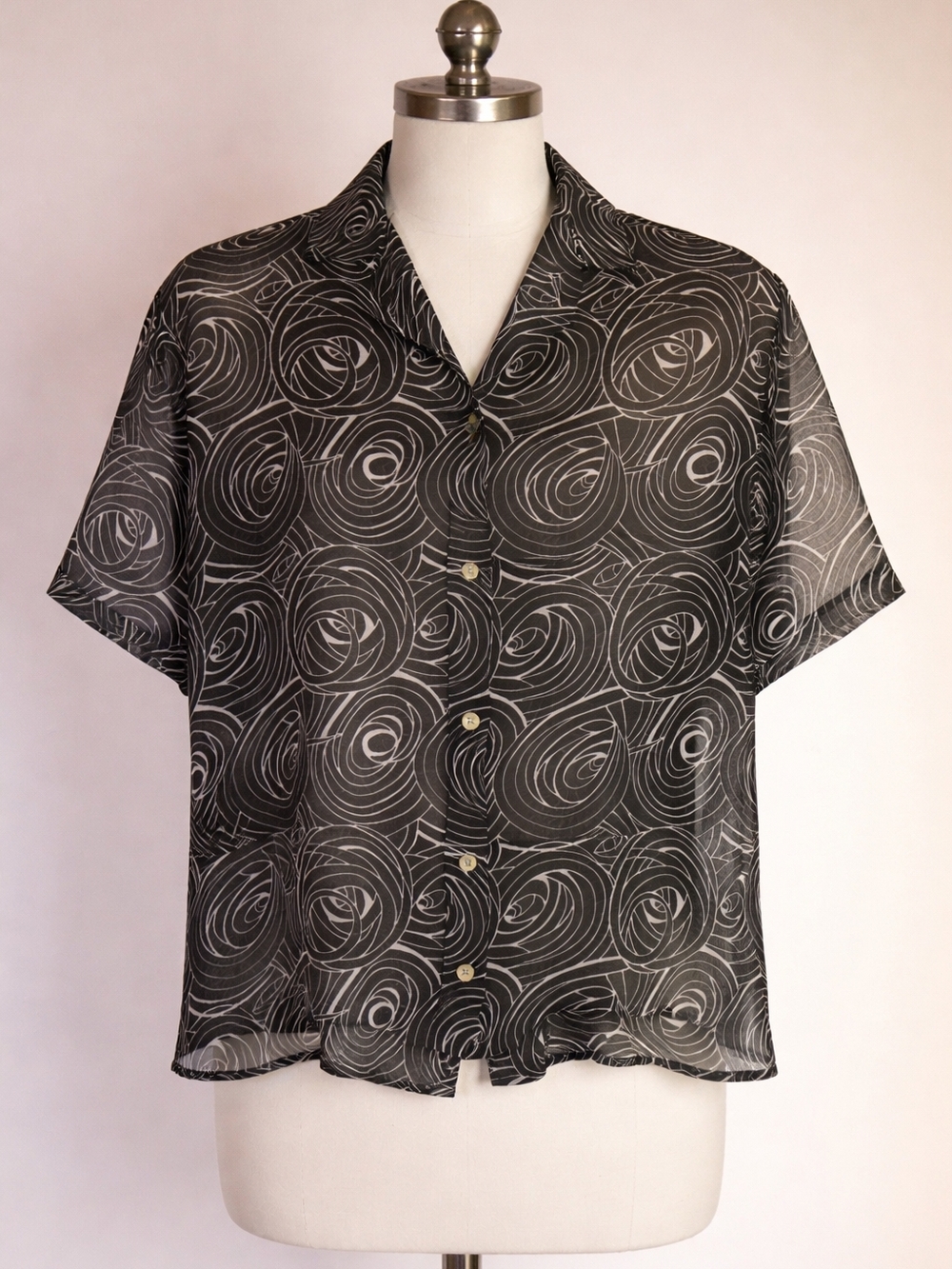 Black Swirl Print Short-Sleeve Blouse